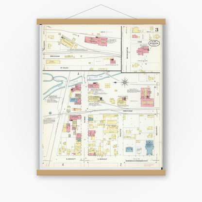Old map wall art mockup — magnetic wood frame on white wall — Sanborn Fire Insurance Map from Hudson, Lenawee County, Michigan (1907), Sheet #0003