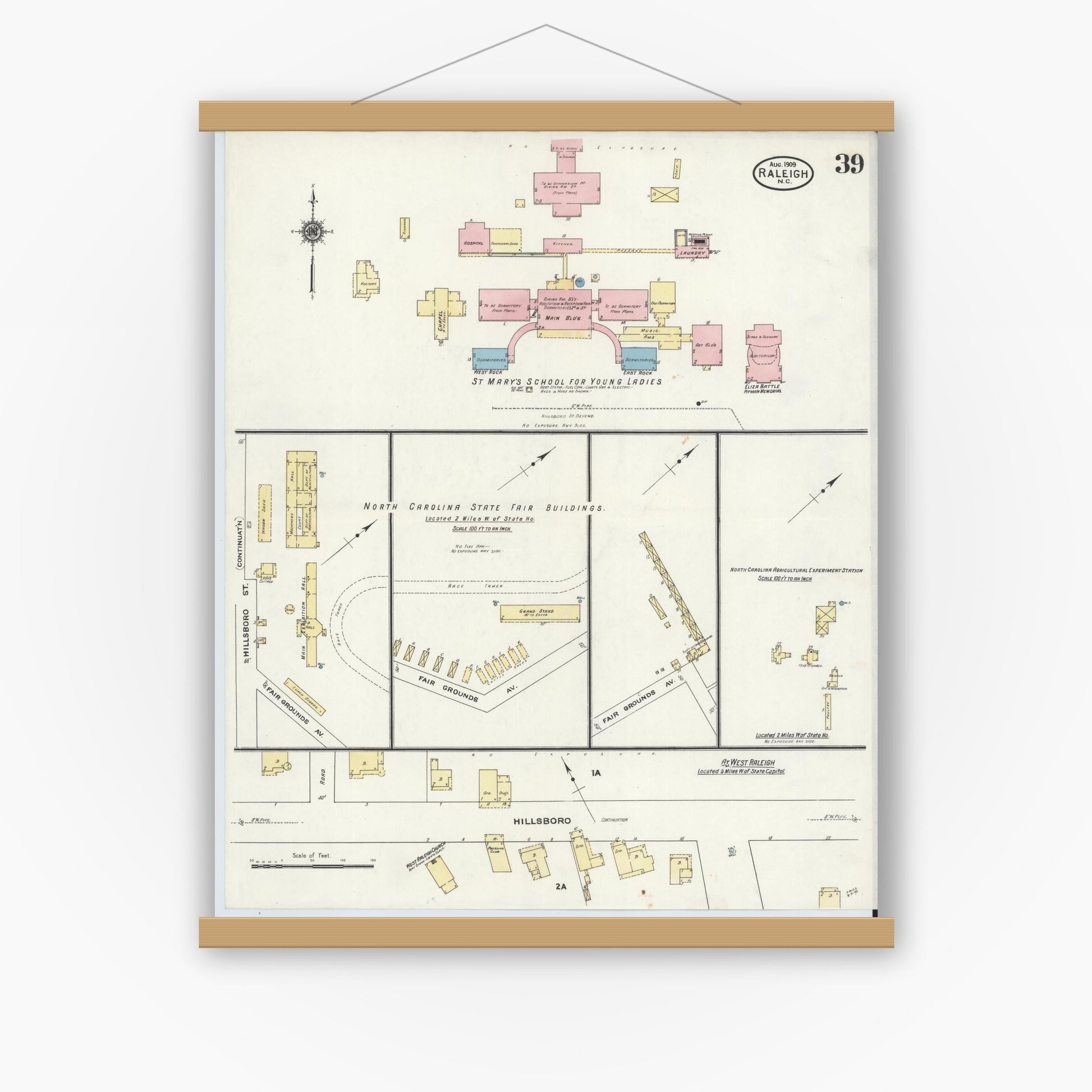 Old map wall art mockup — magnetic wood frame on white wall — Sanborn Fire Insurance Map from Raleigh, Wake County, North Carolina (1909), Sheet #0039
