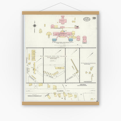 Old map wall art mockup — magnetic wood frame on white wall — Sanborn Fire Insurance Map from Raleigh, Wake County, North Carolina (1909), Sheet #0039