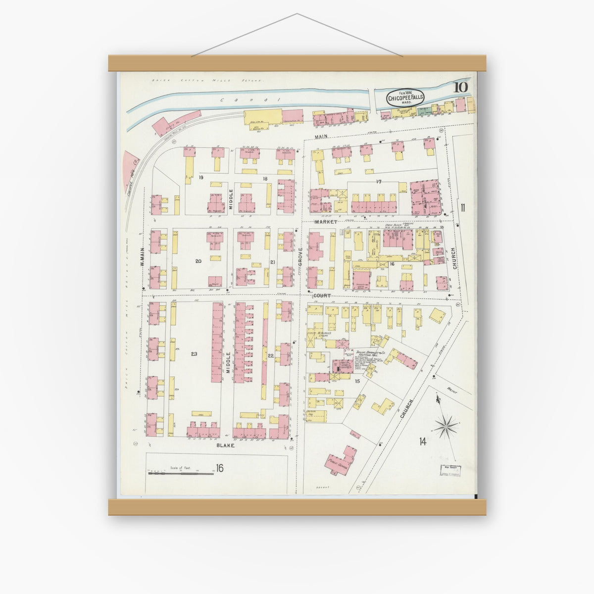 Old map wall art mockup — magnetic wood frame on white wall — Sanborn Fire Insurance Map from Chicopee, Hampden County, Massachusetts (1896), Sheet #0010