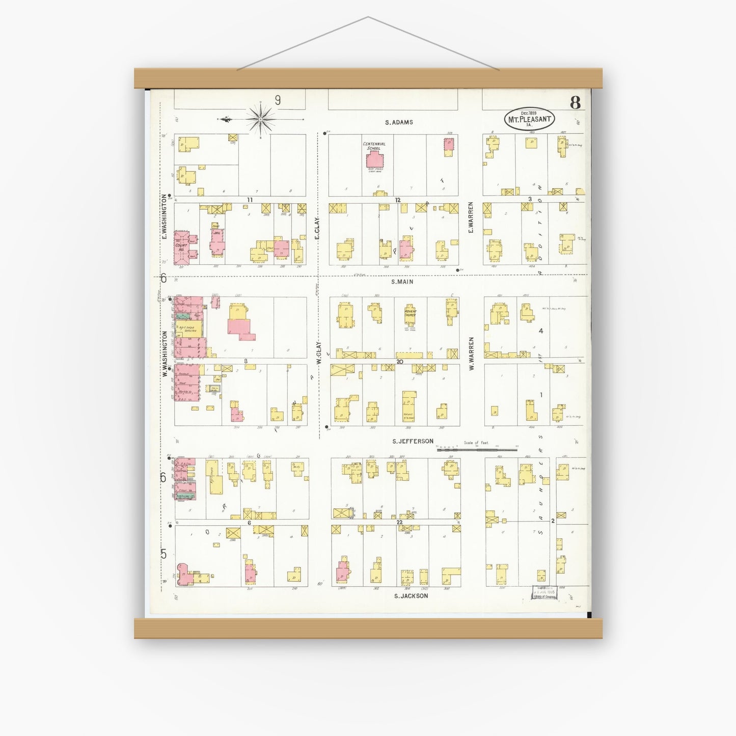 Old map wall art mockup — magnetic wood frame on white wall — Sanborn Fire Insurance Map from Mount Pleasant, Henry County, Iowa (1899), Sheet #0008