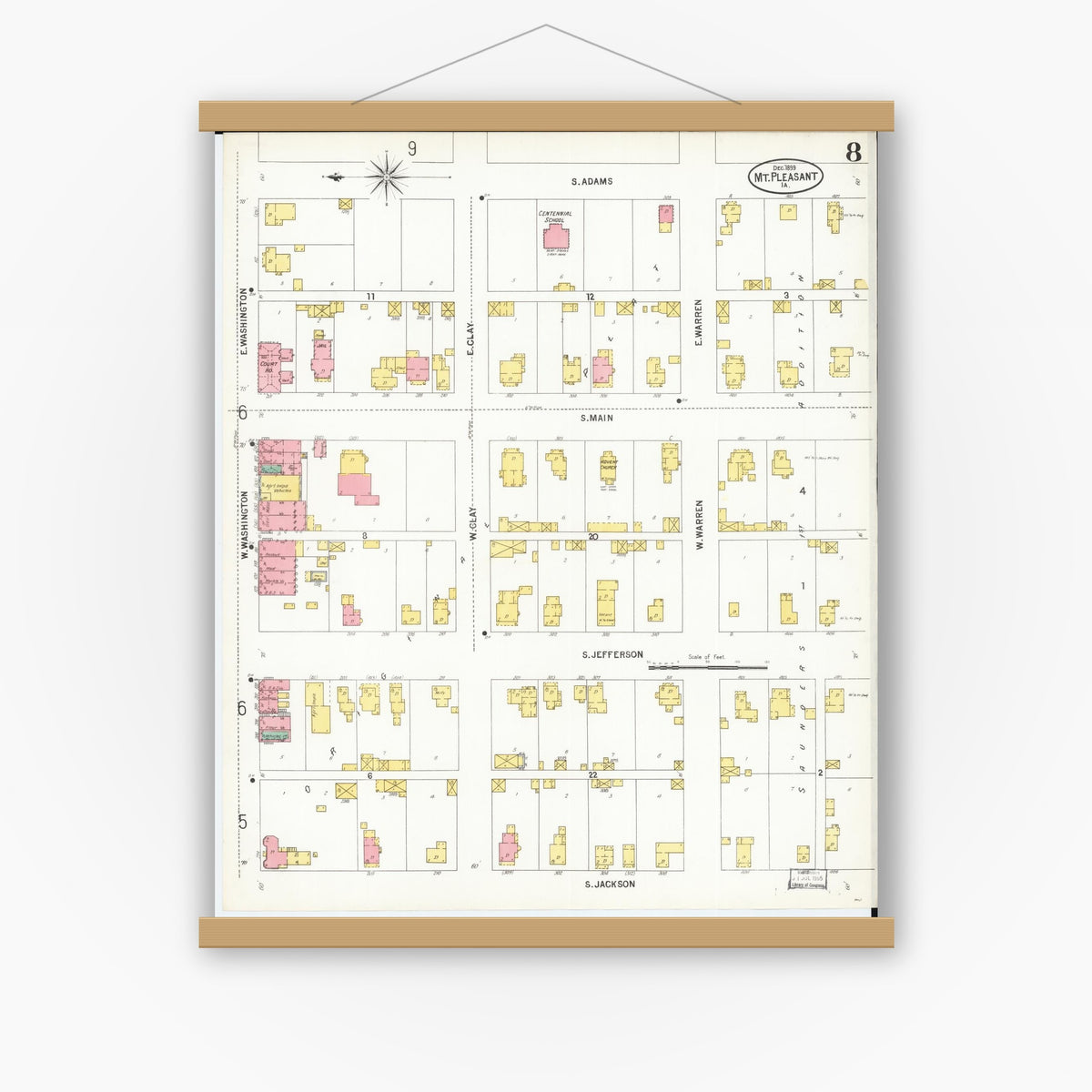 Old map wall art mockup — magnetic wood frame on white wall — Sanborn Fire Insurance Map from Mount Pleasant, Henry County, Iowa (1899), Sheet #0008