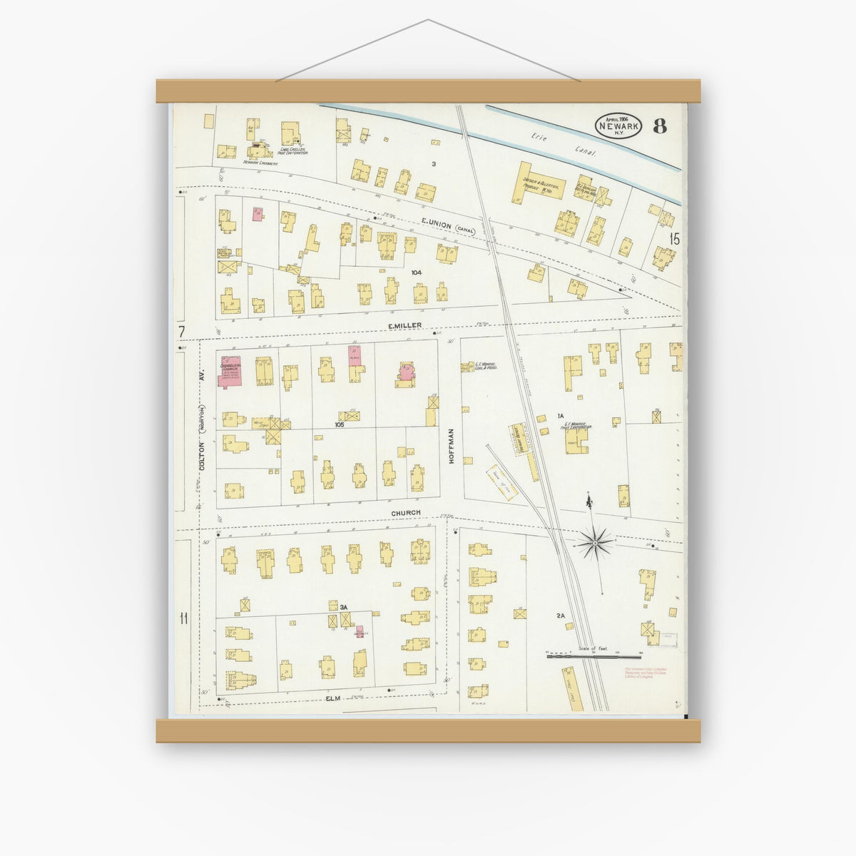 Old map wall art mockup — magnetic wood frame on white wall — Sanborn Fire Insurance Map from Newark, Wayne County, New York (1906), Sheet #0008