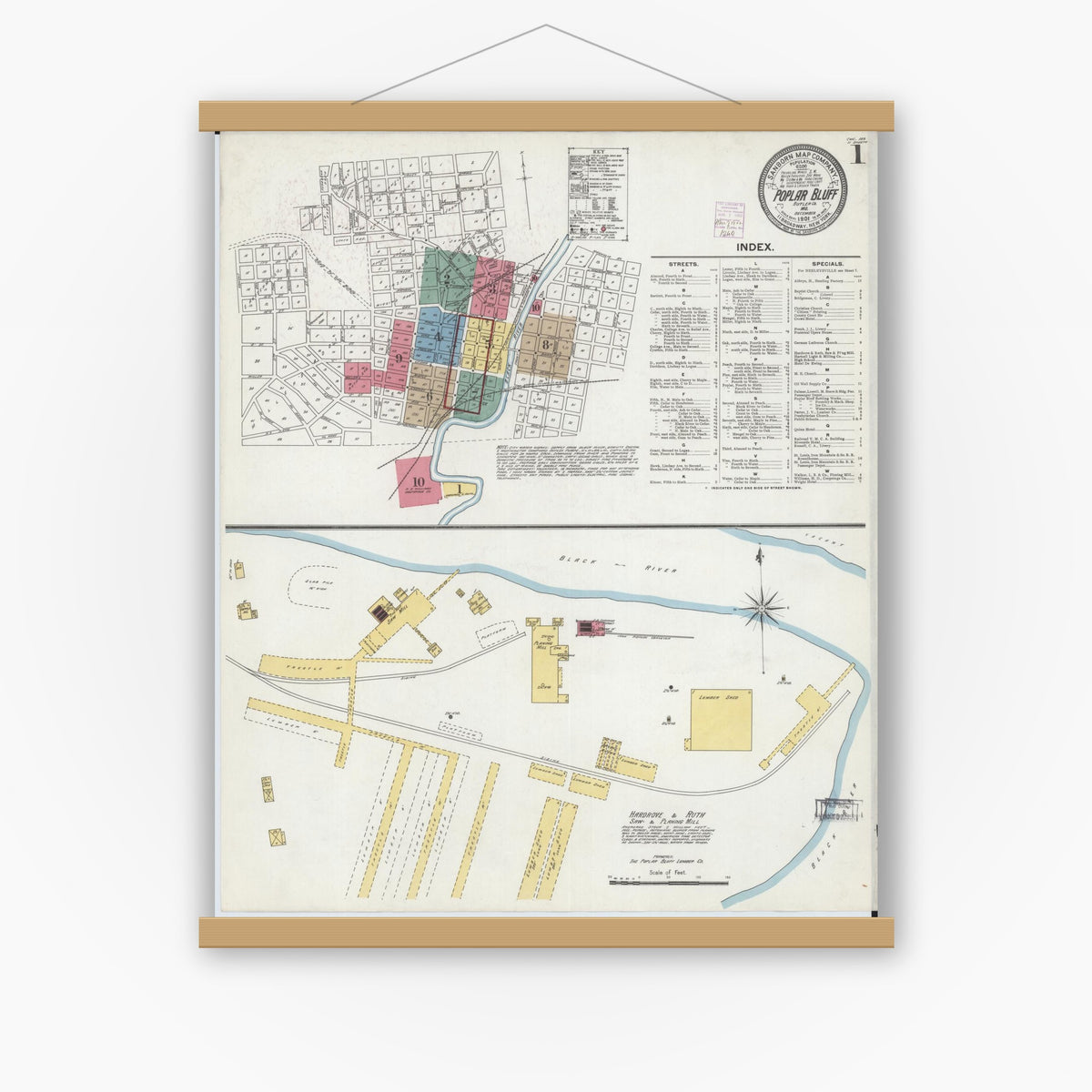Old map wall art mockup — magnetic wood frame on white wall — Sanborn Fire Insurance Map from Poplar Bluff, Butler County, Missouri (1901) - Complete Map Set