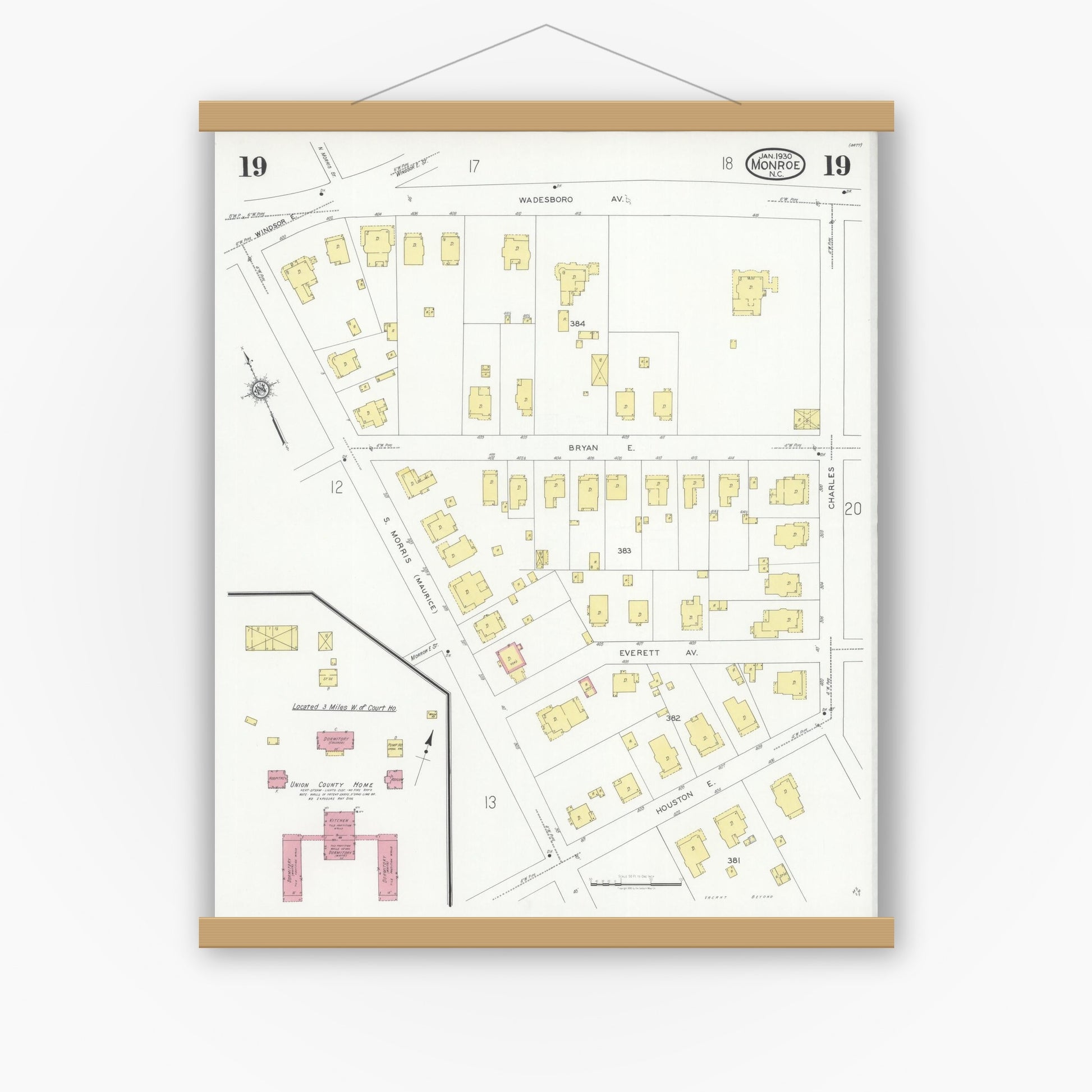Old map wall art mockup — magnetic wood frame on white wall — Sanborn Fire Insurance Map from Monroe, Union County, North Carolina (1930), Sheet #0019