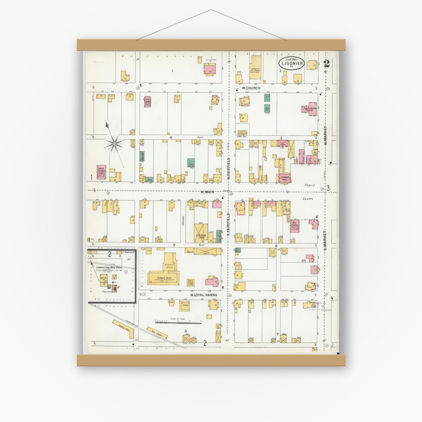 Old map wall art mockup — magnetic wood frame on white wall — Sanborn Fire Insurance Map from Ligonier, Westmoreland County, Pennsylvania (1900), Sheet #0002