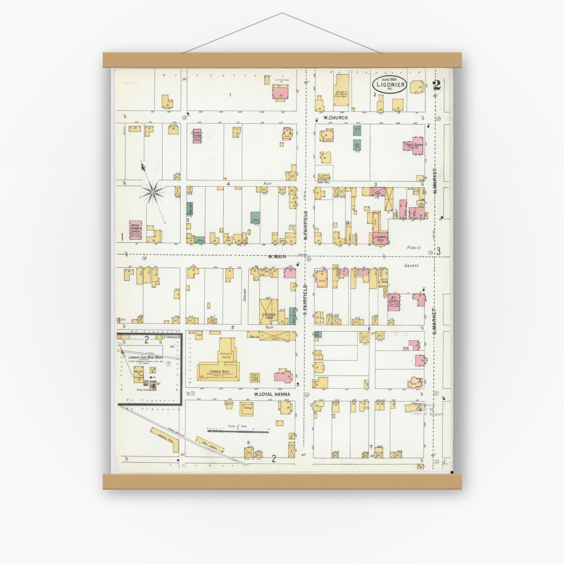 Old map wall art mockup — magnetic wood frame on white wall — Sanborn Fire Insurance Map from Ligonier, Westmoreland County, Pennsylvania (1900), Sheet #0002