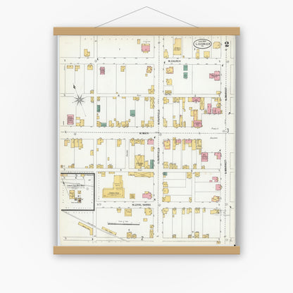 Old map wall art mockup — magnetic wood frame on white wall — Sanborn Fire Insurance Map from Ligonier, Westmoreland County, Pennsylvania (1900), Sheet #0002