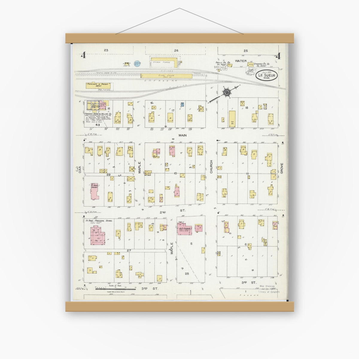 Old map wall art mockup — magnetic wood frame on white wall — Sanborn Fire Insurance Map from Le Sueur, Le Sueur County, Minnesota (1924), Sheet #0004