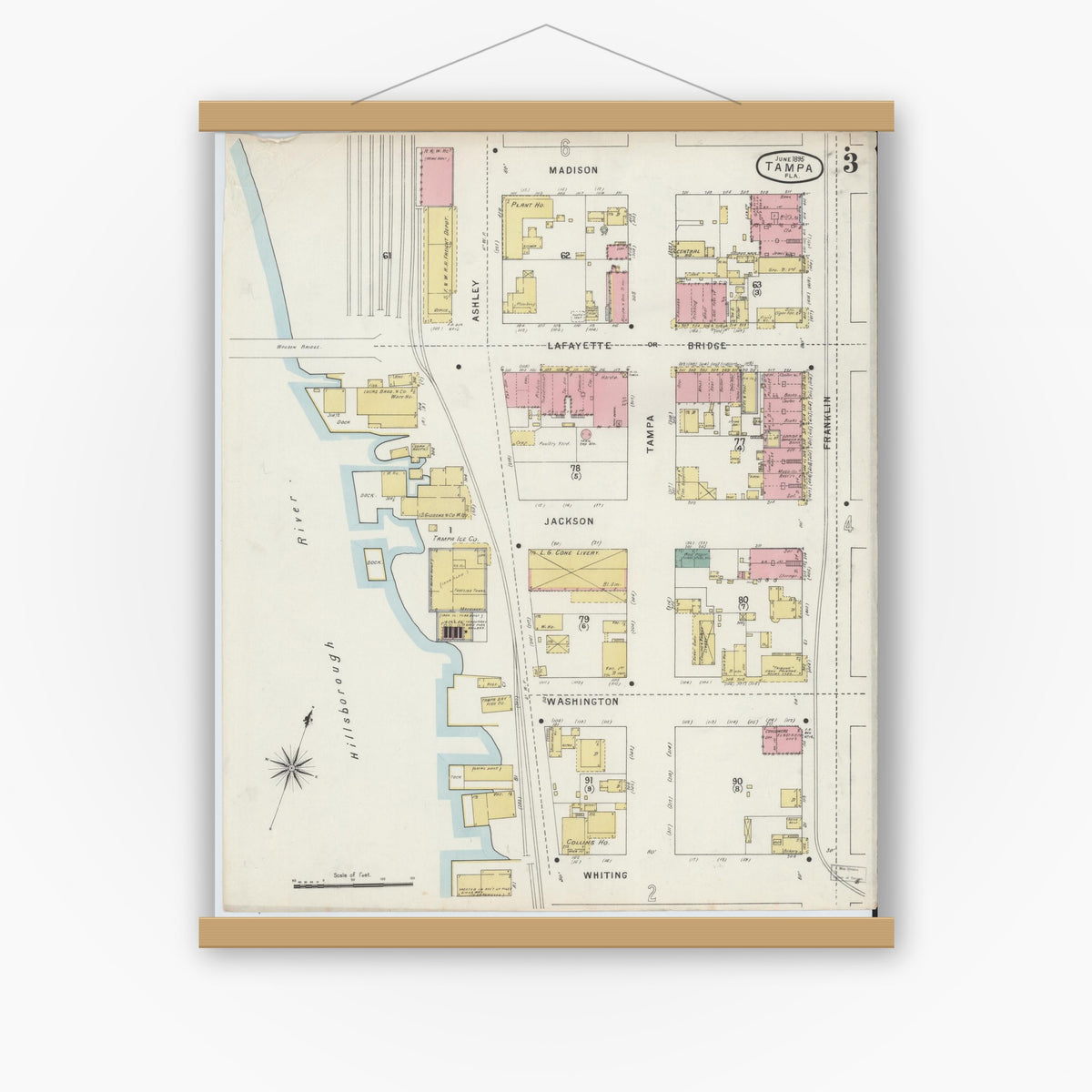 Old map wall art mockup — magnetic wood frame on white wall — Sanborn Fire Insurance Map from Tampa, Hillsborough County, Florida (1895), Sheet #0007