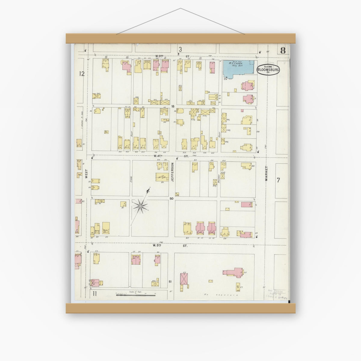 Old map wall art mockup — magnetic wood frame on white wall — Sanborn Fire Insurance Map from Bloomsburg, Columbia County, Pennsylvania (1896), Sheet #0008
