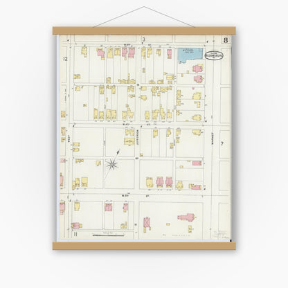 Old map wall art mockup — magnetic wood frame on white wall — Sanborn Fire Insurance Map from Bloomsburg, Columbia County, Pennsylvania (1896), Sheet #0008