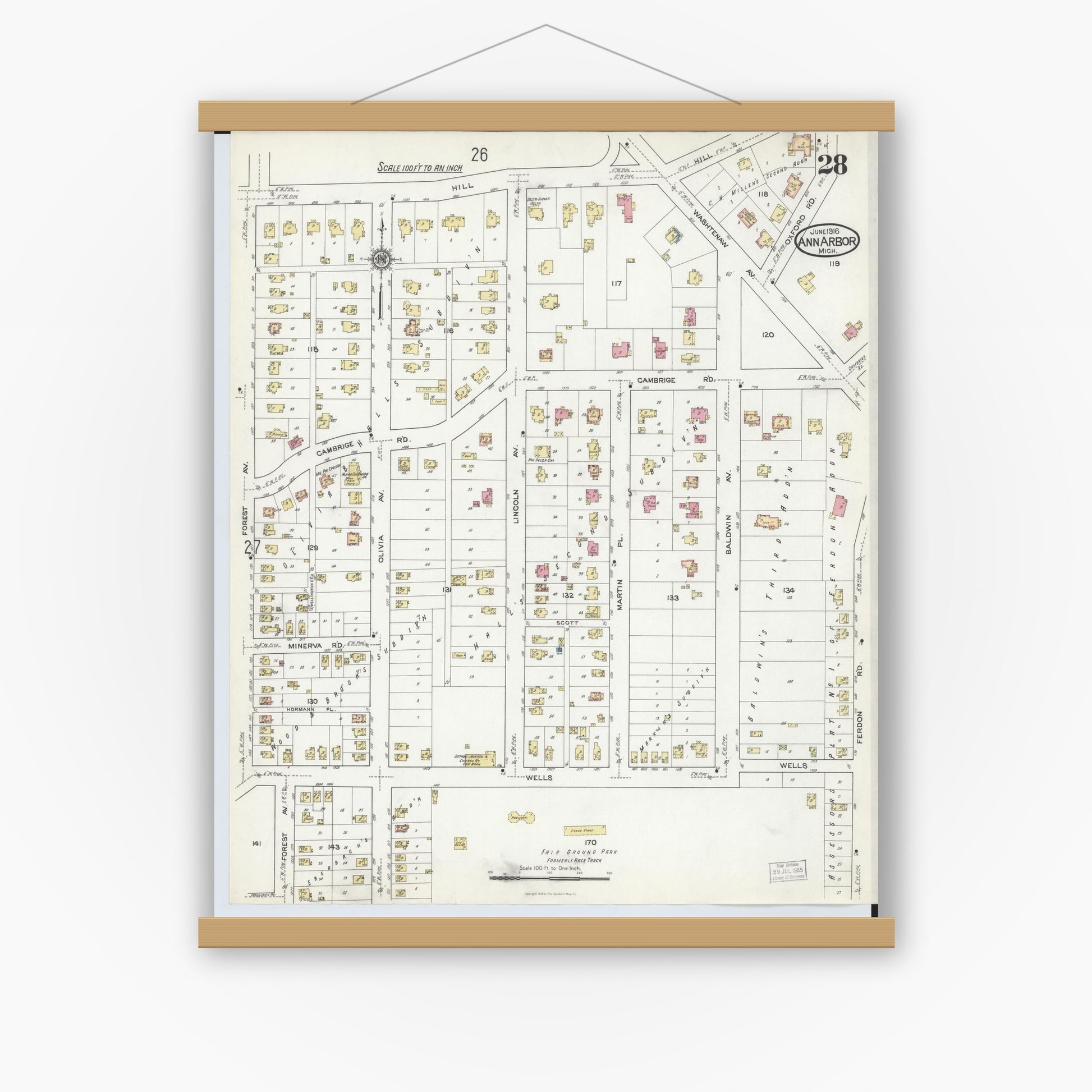 Old map wall art mockup — magnetic wood frame on white wall — Sanborn Fire Insurance Map from Ann Arbor, Washtenaw County, Michigan (1916), Sheet #0028