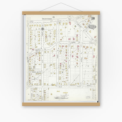Old map wall art mockup — magnetic wood frame on white wall — Sanborn Fire Insurance Map from Ann Arbor, Washtenaw County, Michigan (1916), Sheet #0028