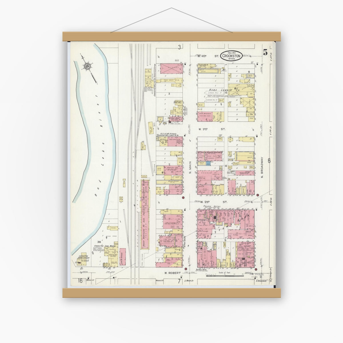 Old map wall art mockup — magnetic wood frame on white wall — Sanborn Fire Insurance Map from Crookston, Polk County, Minnesota (1913), Sheet #0005