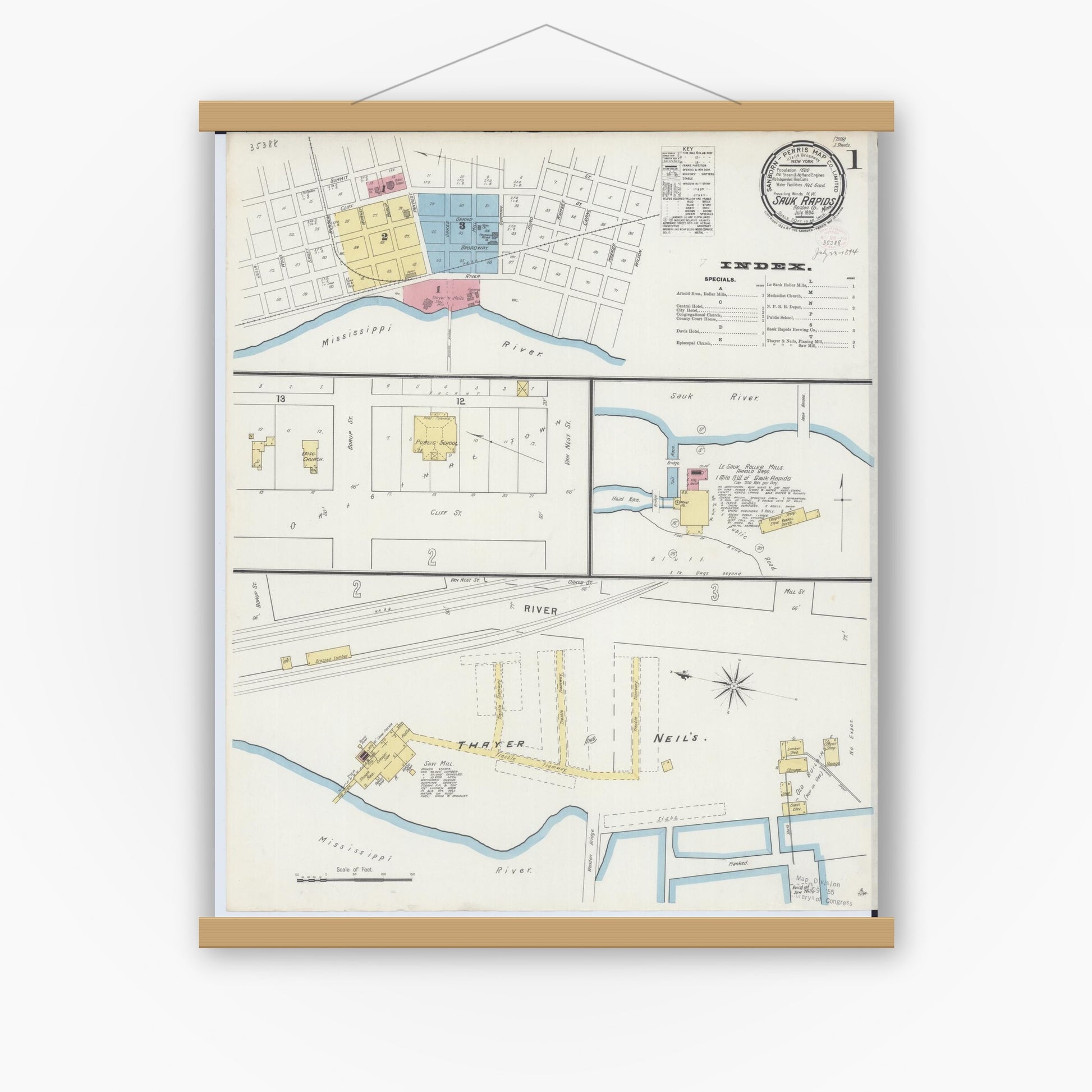 Old map wall art mockup — magnetic wood frame on white wall — Sanborn Fire Insurance Map from Sauk Rapids, Benton County, Minnesota (1894), Sheet #0001