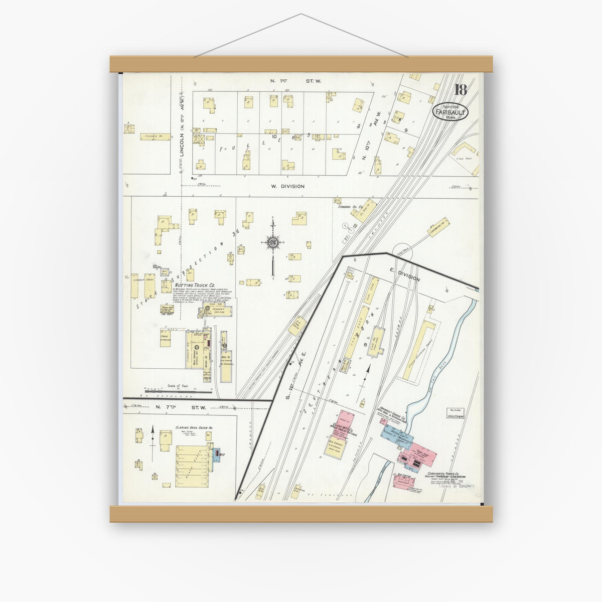 Old map wall art mockup — magnetic wood frame on white wall — Sanborn Fire Insurance Map from Faribault, Rice County, Minnesota (1914), Sheet #0018