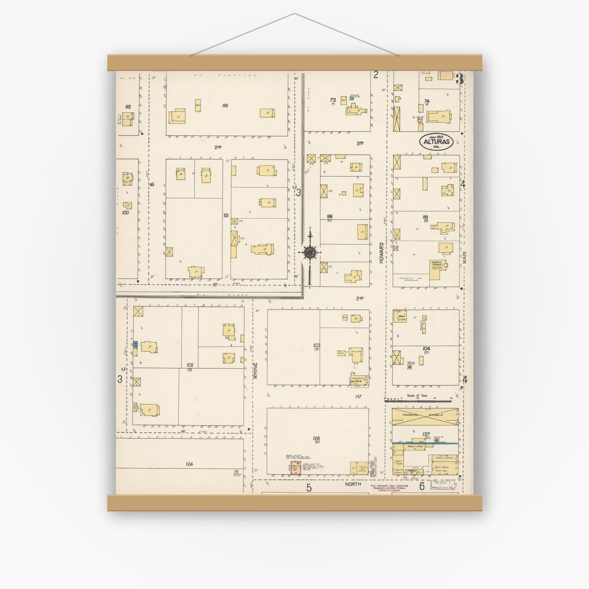 Old map wall art mockup — magnetic wood frame on white wall — Sanborn Fire Insurance Map from Alturas, Modoc County, California (1912), Sheet #0003