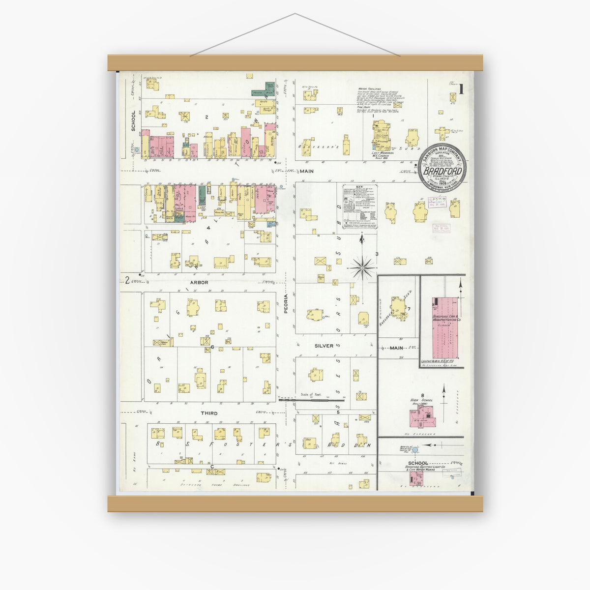 Old map wall art mockup — magnetic wood frame on white wall — Sanborn Fire Insurance Map from Bradford, Stark County, Illinois (1909) - Complete Map Set