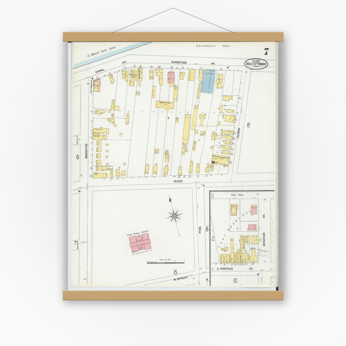 Old map wall art mockup — magnetic wood frame on white wall — Sanborn Fire Insurance Map from Sault Sainte Marie, Chippewa County, Michigan (1902), Sheet #0007