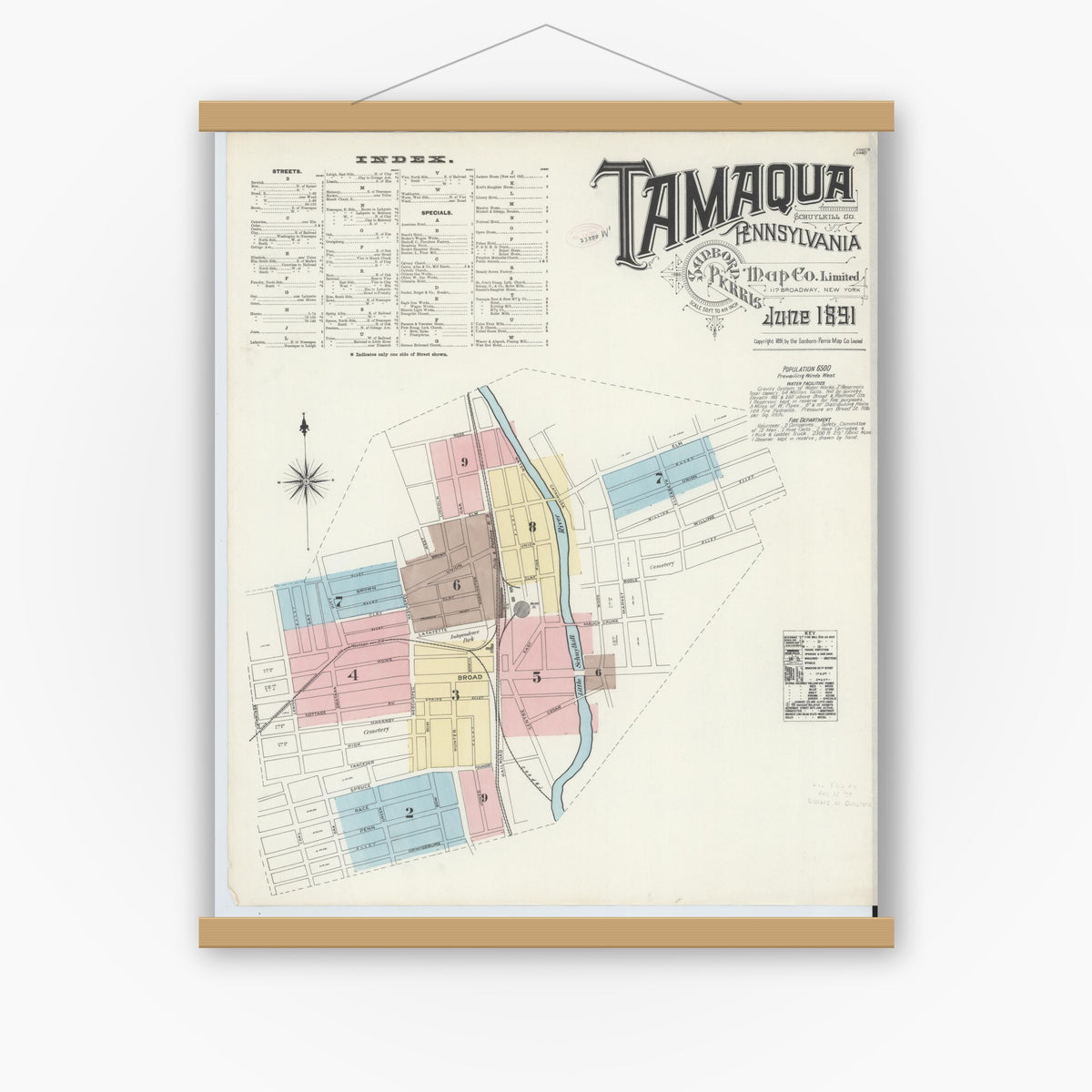 Old map wall art mockup — magnetic wood frame on white wall — Sanborn Fire Insurance Map from Tamaqua, Schuylkill County, Pennsylvania (1891), Sheet #0001