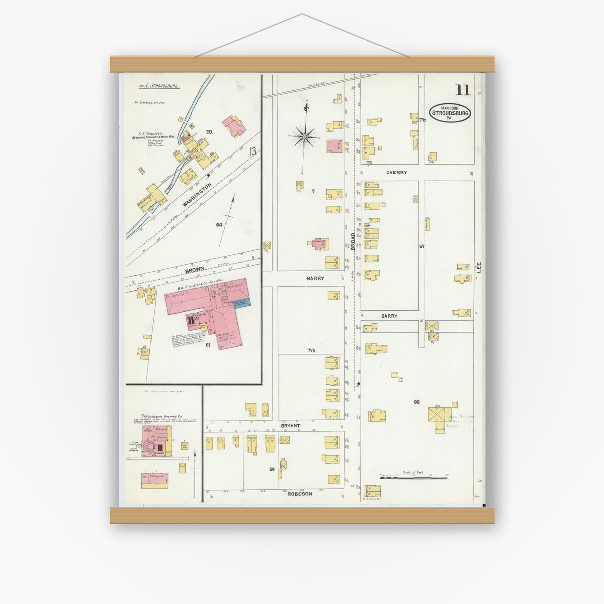 Old map wall art mockup — magnetic wood frame on white wall — Sanborn Fire Insurance Map from Stroudsburg, Monroe County, Pennsylvania (1905), Sheet #0011