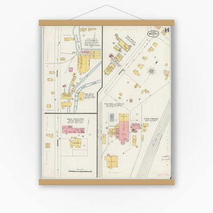 Old map wall art mockup — magnetic wood frame on white wall — Sanborn Fire Insurance Map from Waverly, Tioga County, New York (1898), Sheet #0014