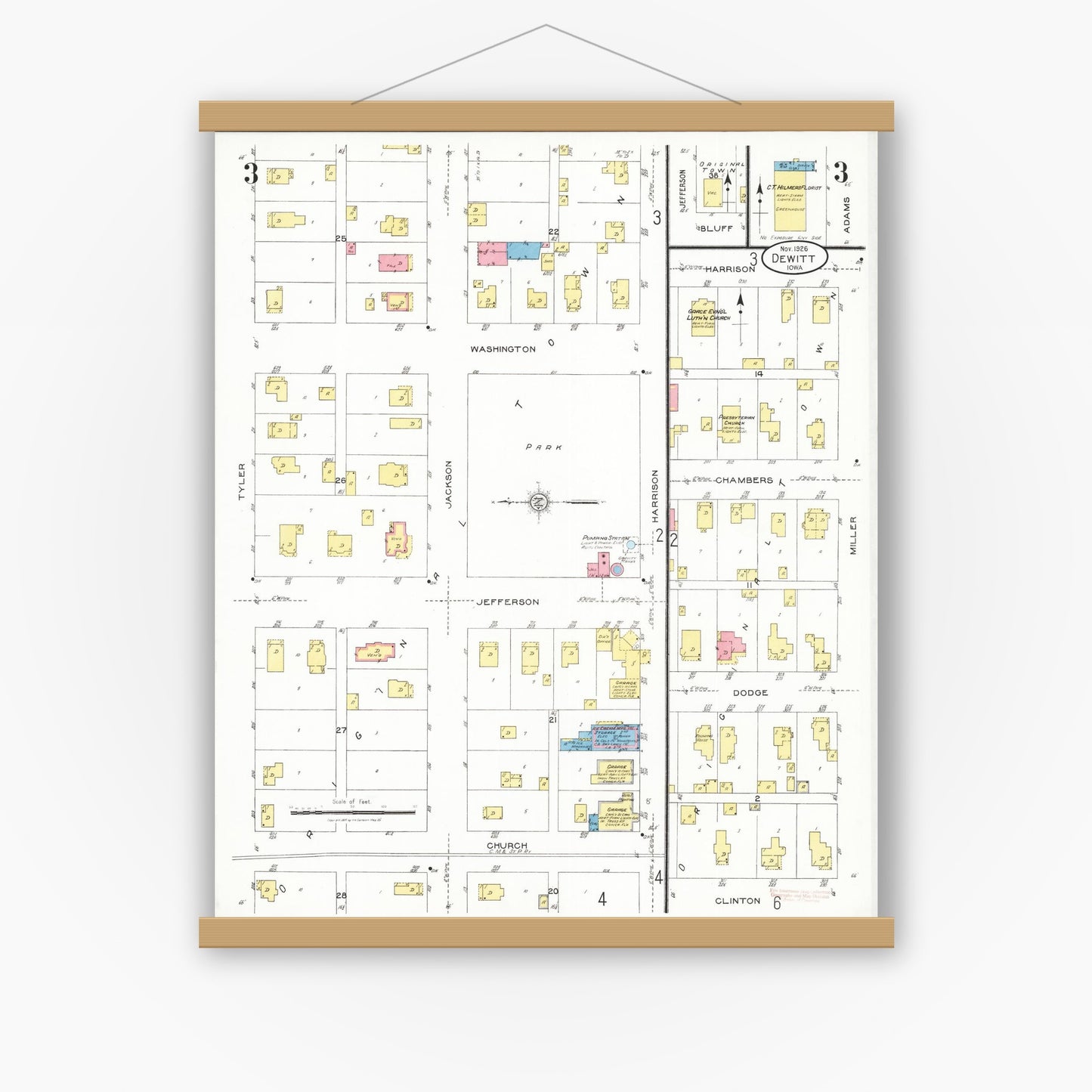 Old map wall art mockup — magnetic wood frame on white wall — Sanborn Fire Insurance Map from De Witt, Clinton County, Iowa (1926), Sheet #0003