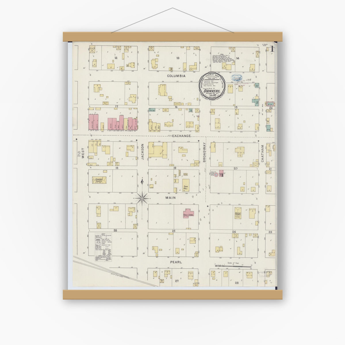 Old map wall art mockup — magnetic wood frame on white wall — Sanborn Fire Insurance Map from Danvers, McLean County, Illinois (1894) - Complete Map Set