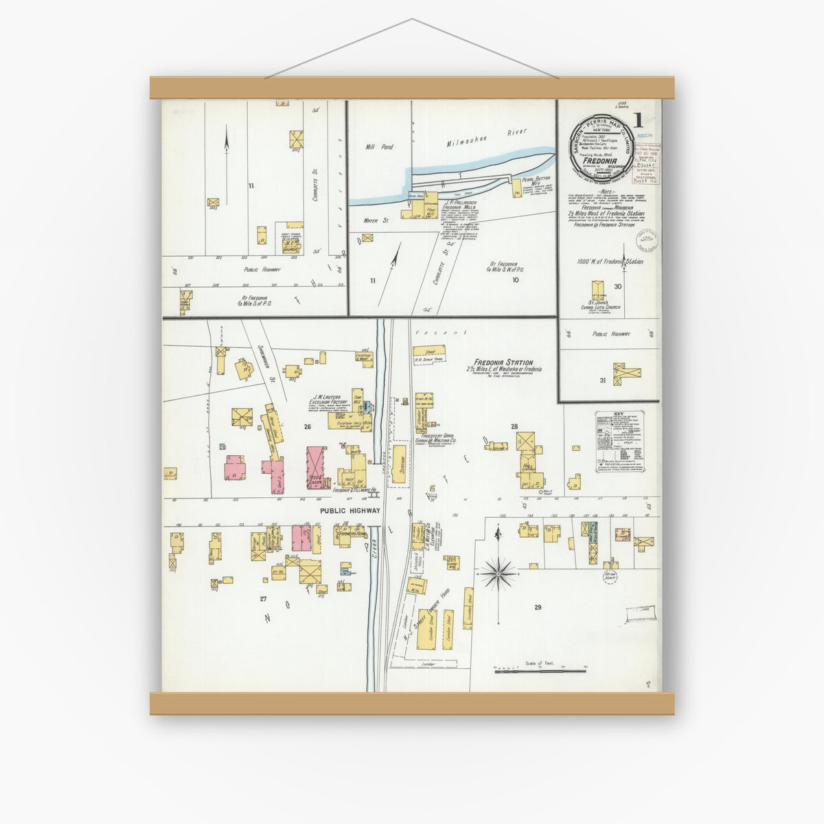 Old map wall art mockup — magnetic wood frame on white wall — Sanborn Fire Insurance Map from Fredonia, Ozaukee County, Wisconsin (1900), Sheet #0001