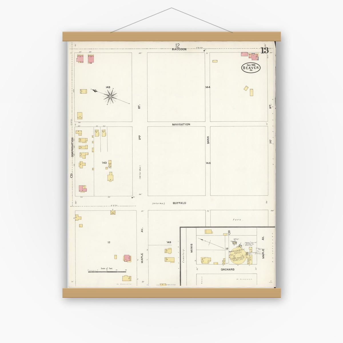 Old map wall art mockup — magnetic wood frame on white wall — Sanborn Fire Insurance Map from Beaver, Beaver County, Pennsylvania (1906), Sheet #0013