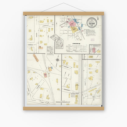 Old map wall art mockup — magnetic wood frame on white wall — Sanborn Fire Insurance Map from Oxford, Oakland County, Michigan (1915) - Complete Map Set