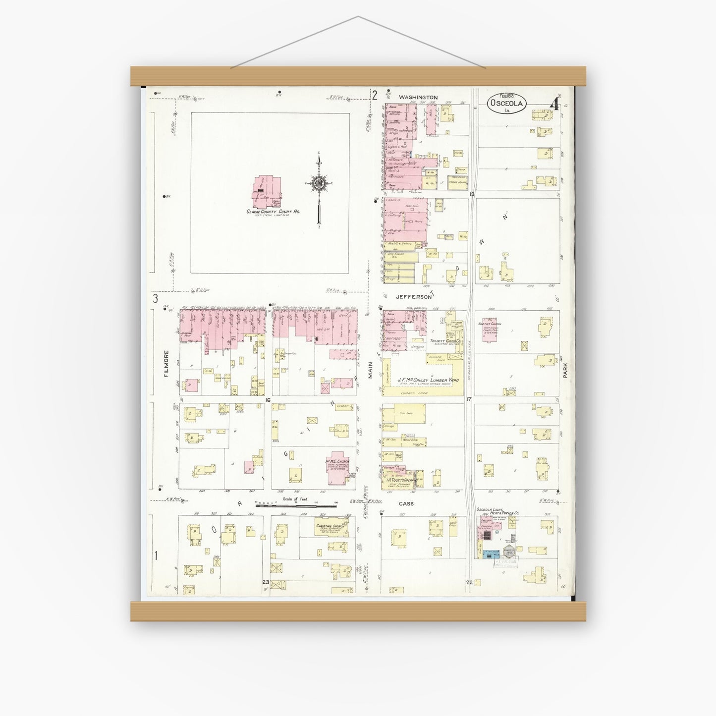 Old map wall art mockup — magnetic wood frame on white wall — Sanborn Fire Insurance Map from Osceola, Clarke County, Iowa (1913), Sheet #0004