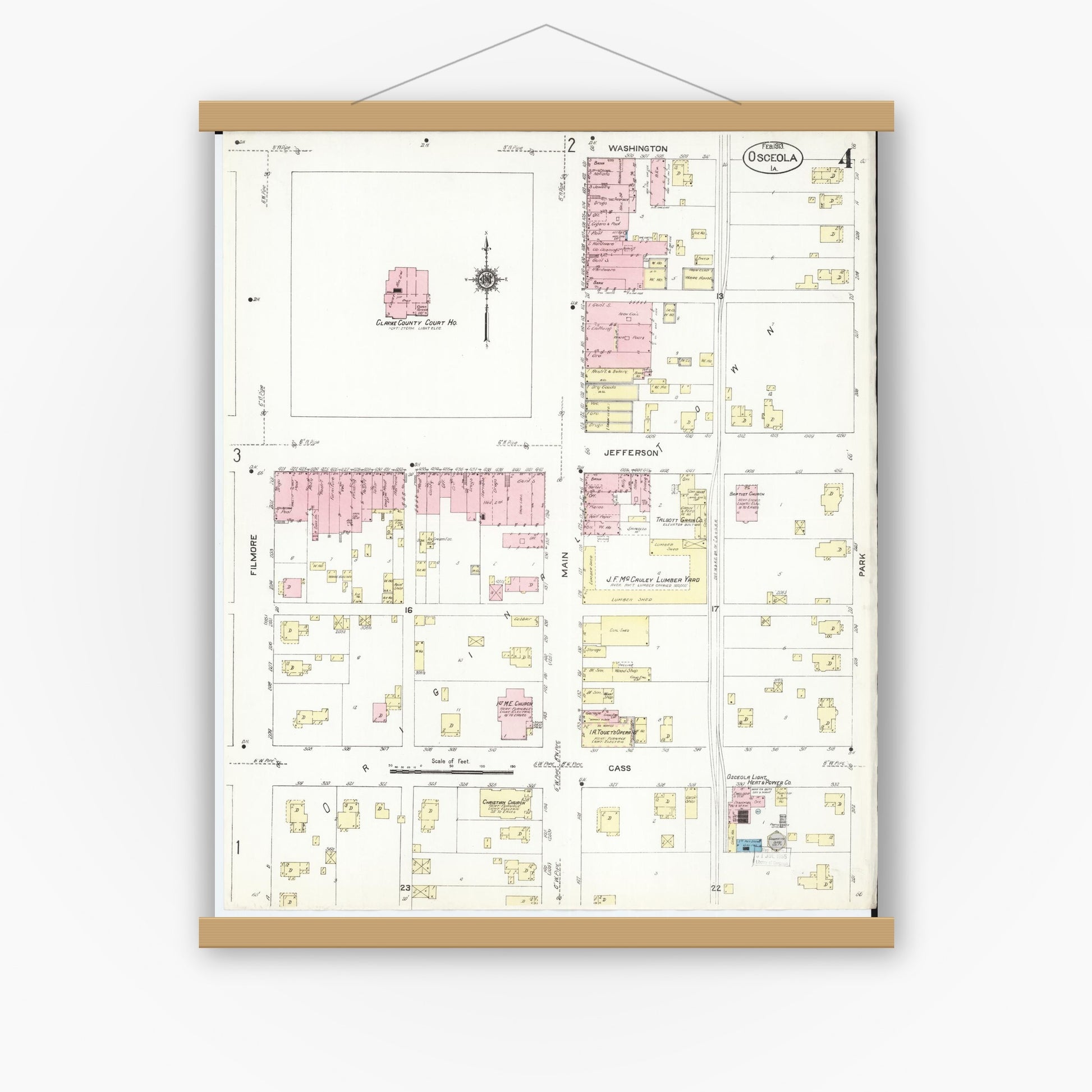 Old map wall art mockup — magnetic wood frame on white wall — Sanborn Fire Insurance Map from Osceola, Clarke County, Iowa (1913), Sheet #0004