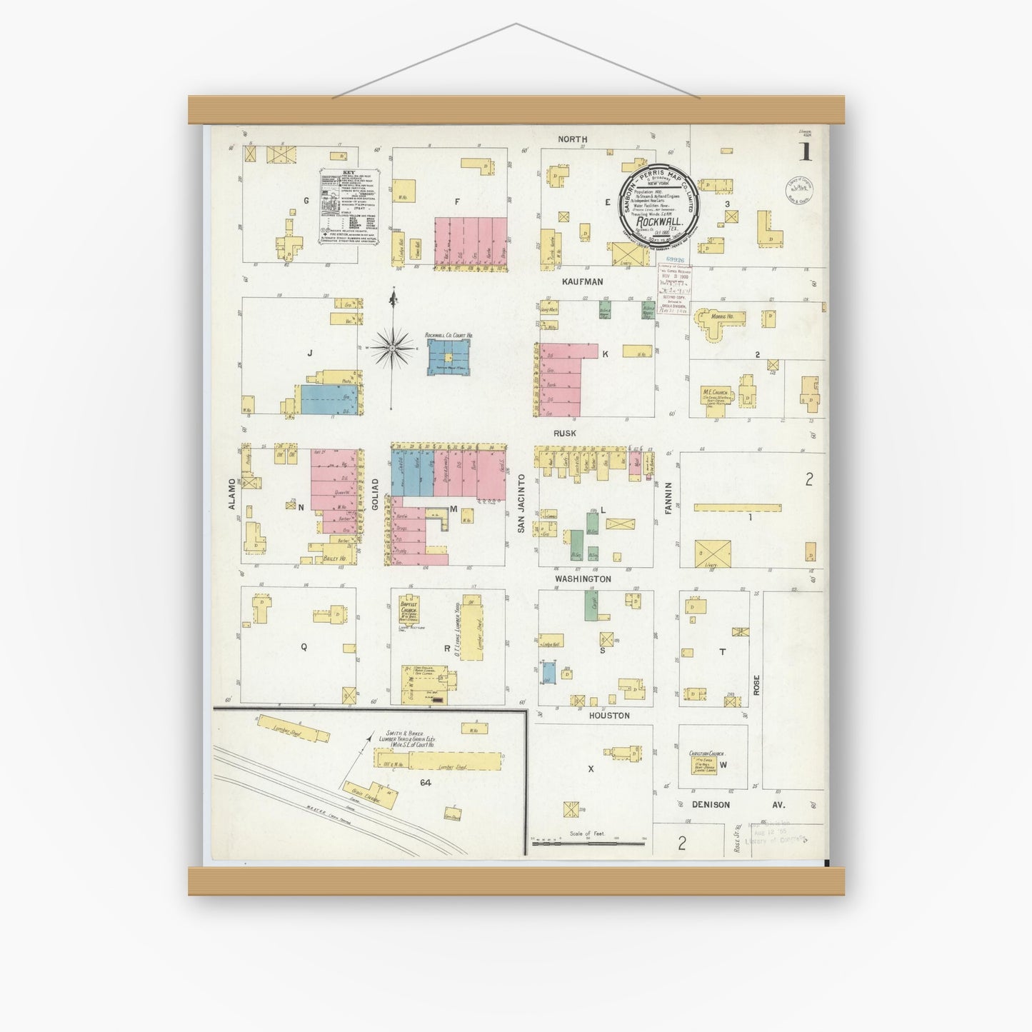 Old map wall art mockup — magnetic wood frame on white wall — Sanborn Fire Insurance Map from Rockwall, Rockwall County, Texas (1900), Sheet #0001