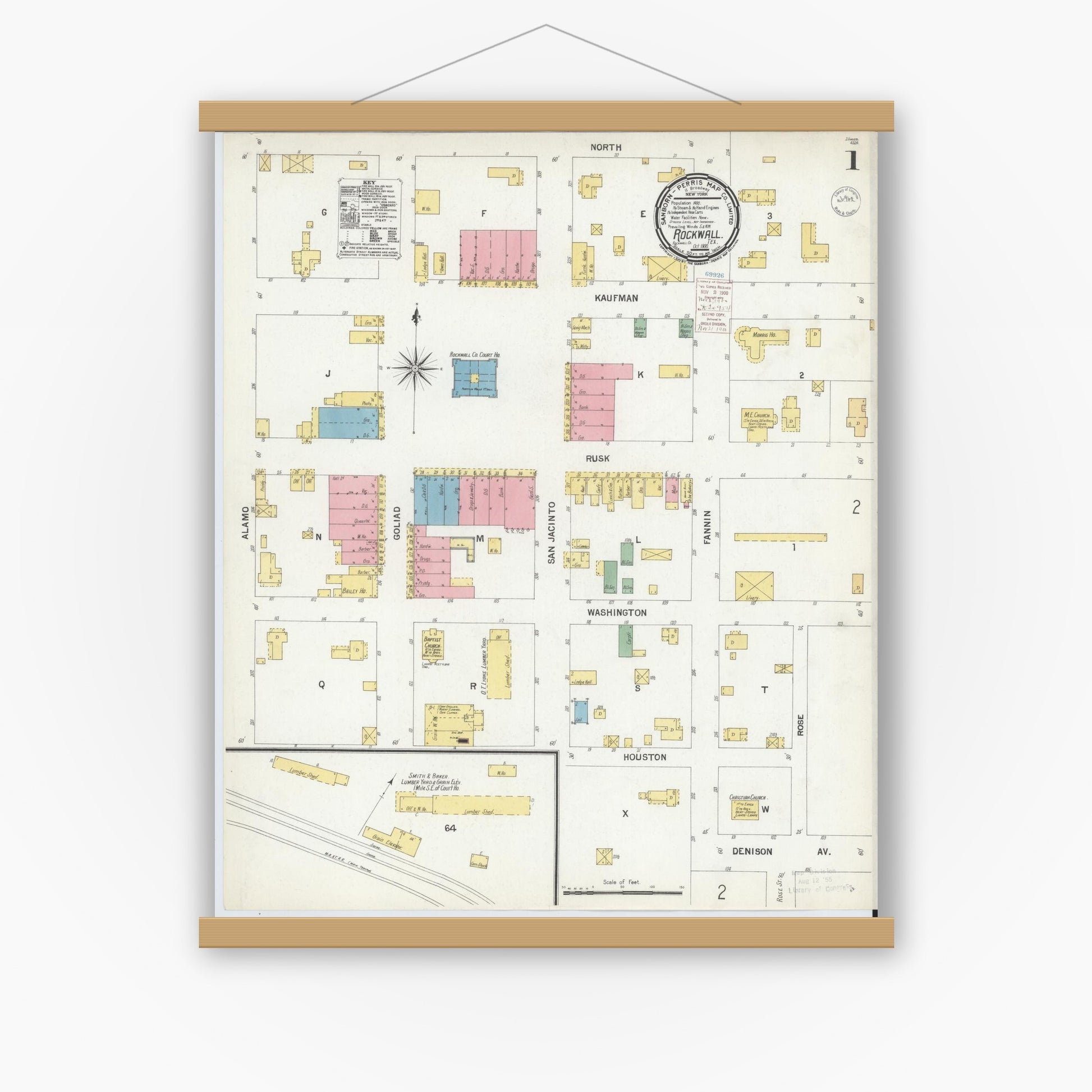 Old map wall art mockup — magnetic wood frame on white wall — Sanborn Fire Insurance Map from Rockwall, Rockwall County, Texas (1900), Sheet #0001