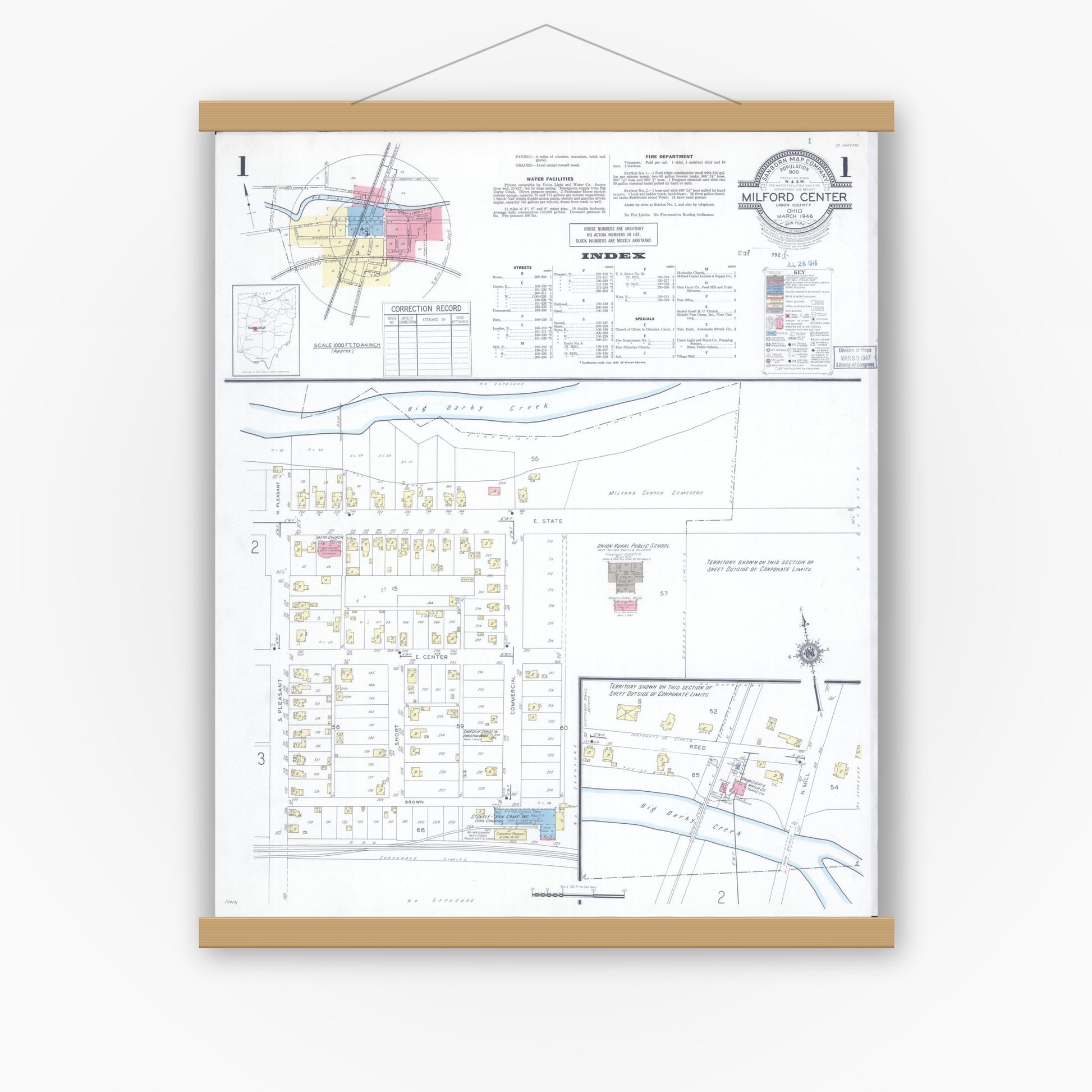 Old map wall art mockup — magnetic wood frame on white wall — Sanborn Fire Insurance Map from Milford Center, Union County, Ohio (1946), Sheet #0001