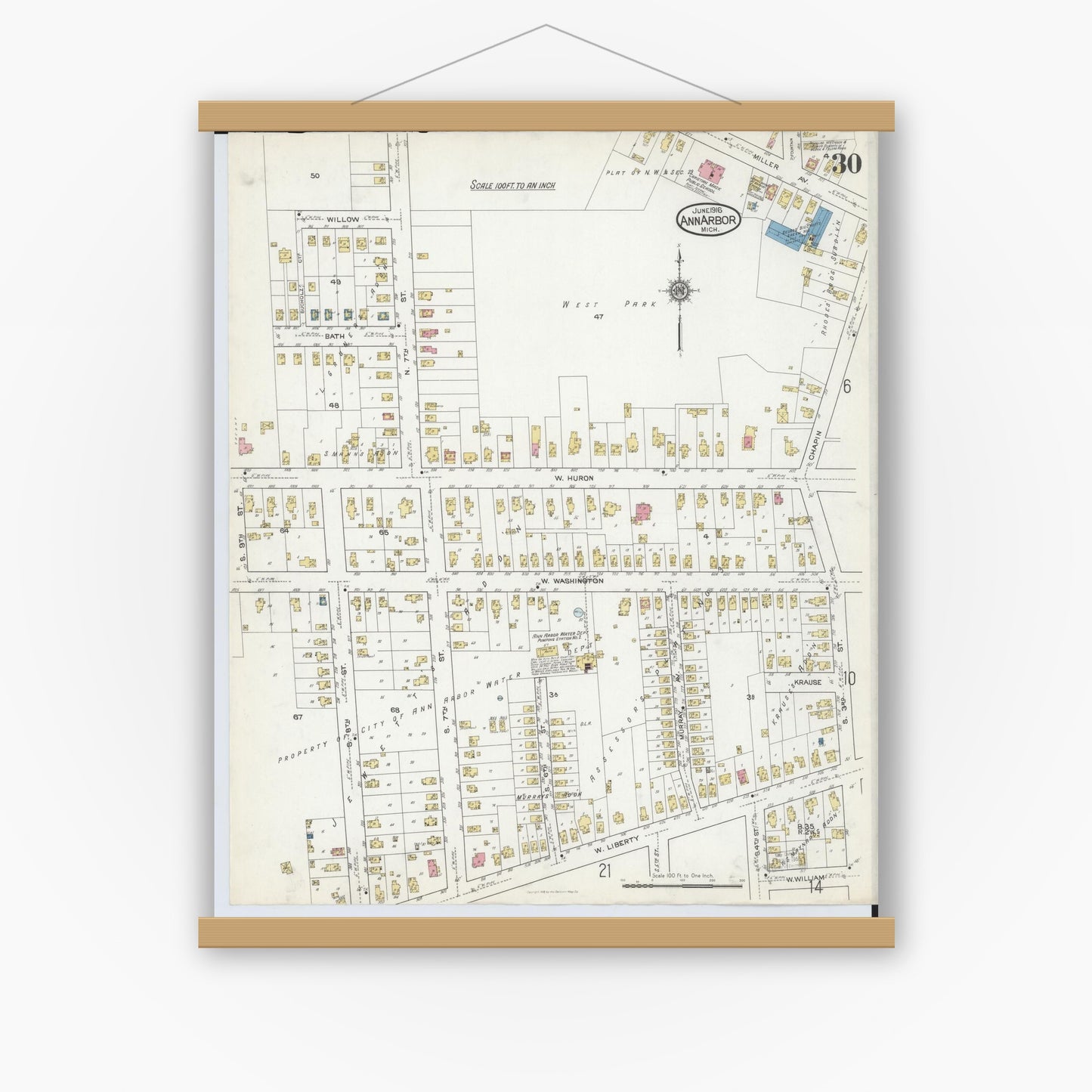 Old map wall art mockup — magnetic wood frame on white wall — Sanborn Fire Insurance Map from Ann Arbor, Washtenaw County, Michigan (1916), Sheet #0030