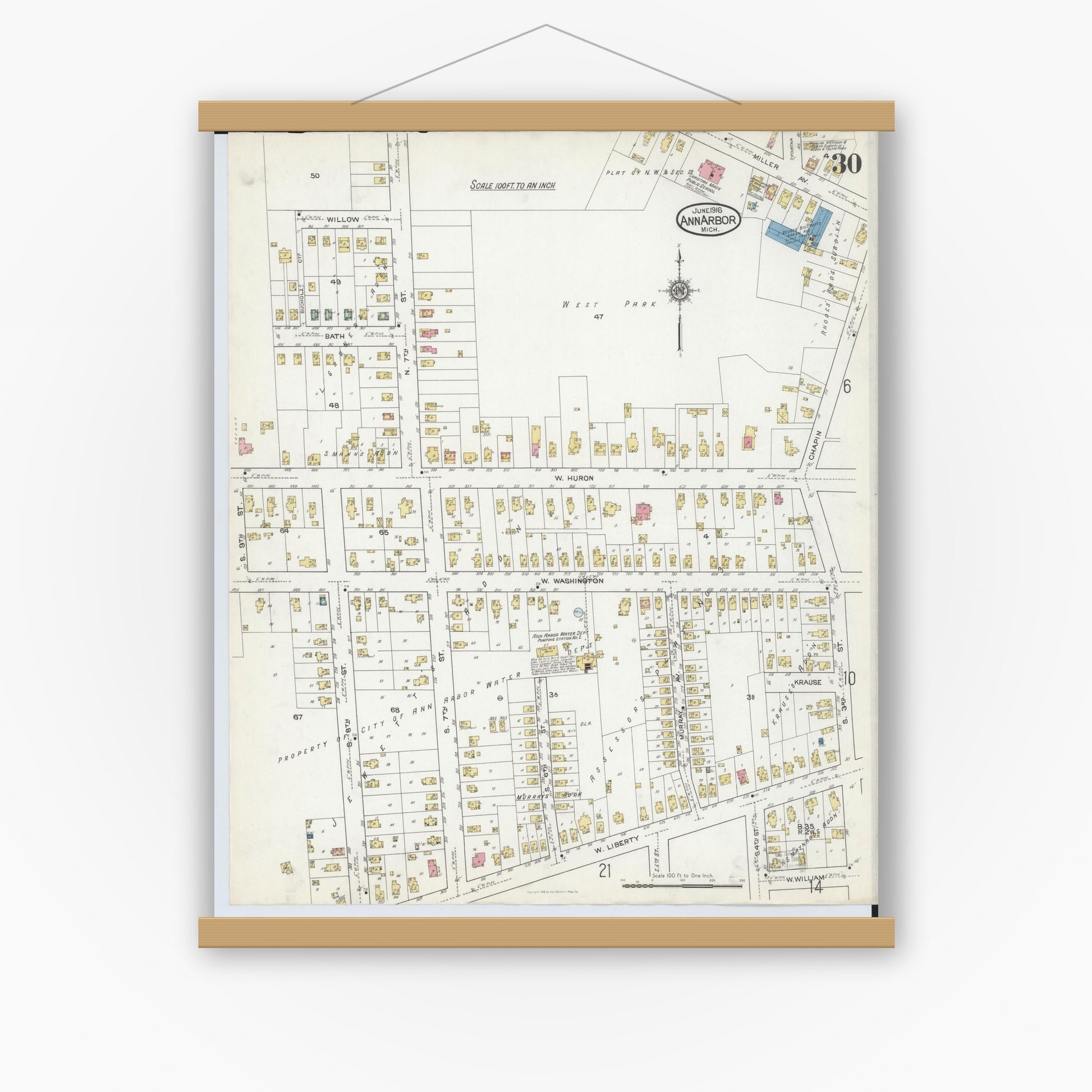 Old map wall art mockup — magnetic wood frame on white wall — Sanborn Fire Insurance Map from Ann Arbor, Washtenaw County, Michigan (1916), Sheet #0030