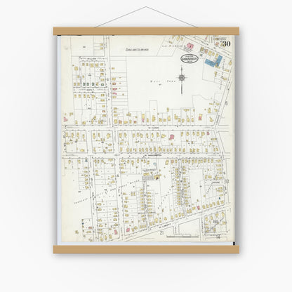 Old map wall art mockup — magnetic wood frame on white wall — Sanborn Fire Insurance Map from Ann Arbor, Washtenaw County, Michigan (1916), Sheet #0030