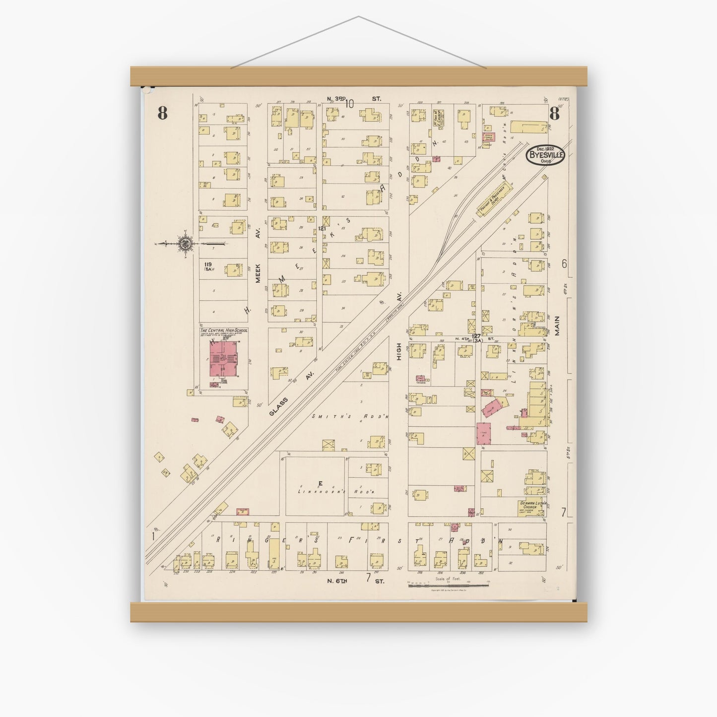 Old map wall art mockup — magnetic wood frame on white wall — Sanborn Fire Insurance Map from Byesville, Guernsey County, Ohio (1922), Sheet #0008