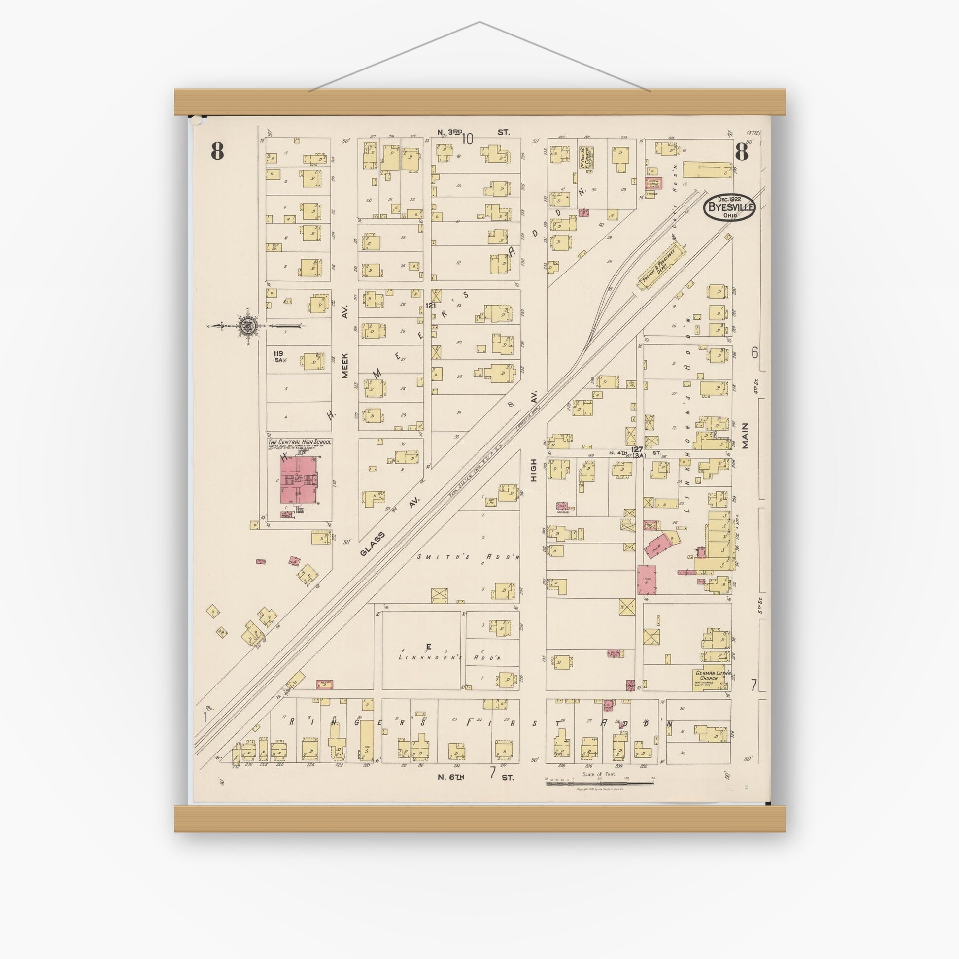 Old map wall art mockup — magnetic wood frame on white wall — Sanborn Fire Insurance Map from Byesville, Guernsey County, Ohio (1922), Sheet #0008