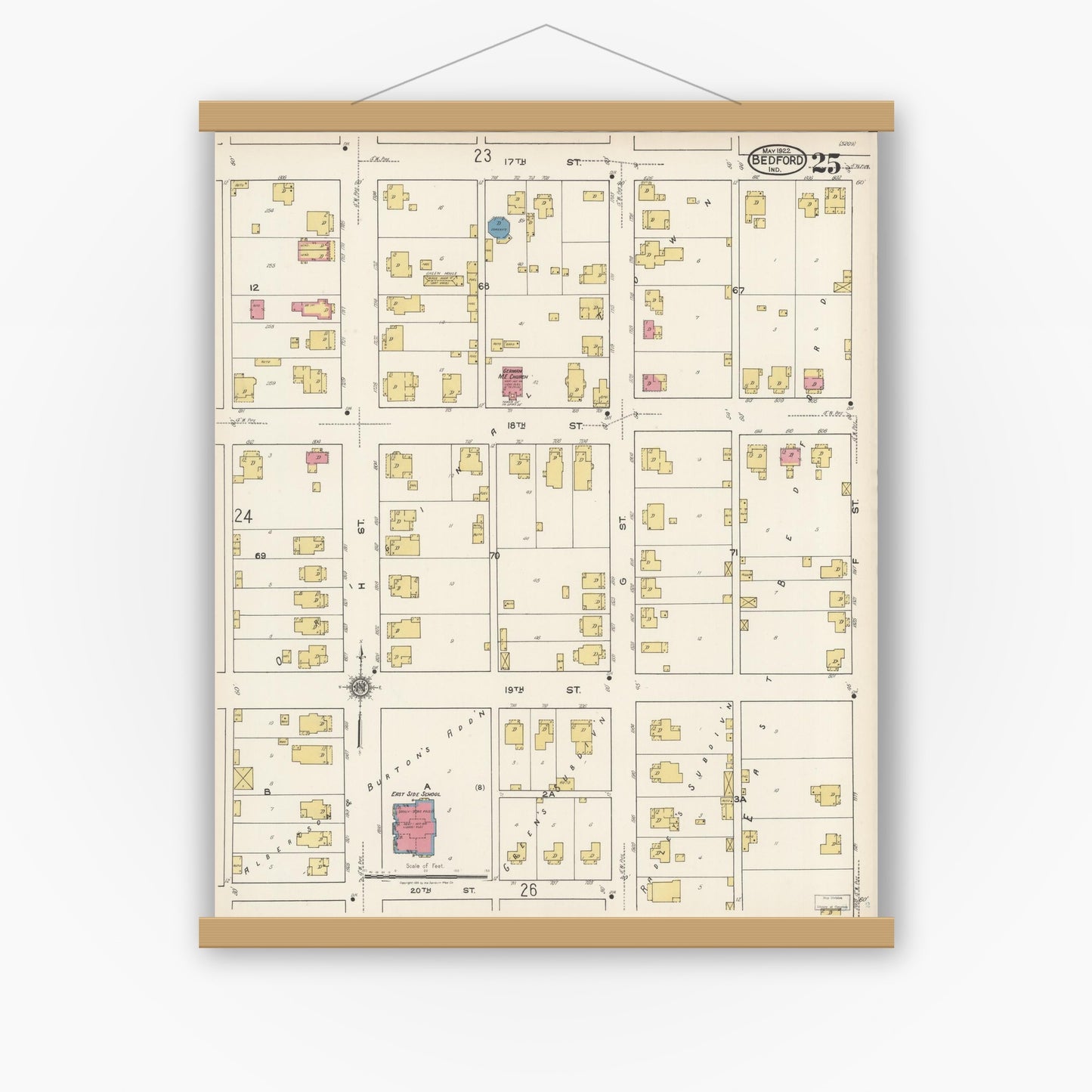 Old map wall art mockup — magnetic wood frame on white wall — Sanborn Fire Insurance Map from Bedford, Lawrence County, Indiana (1922), Sheet #0025