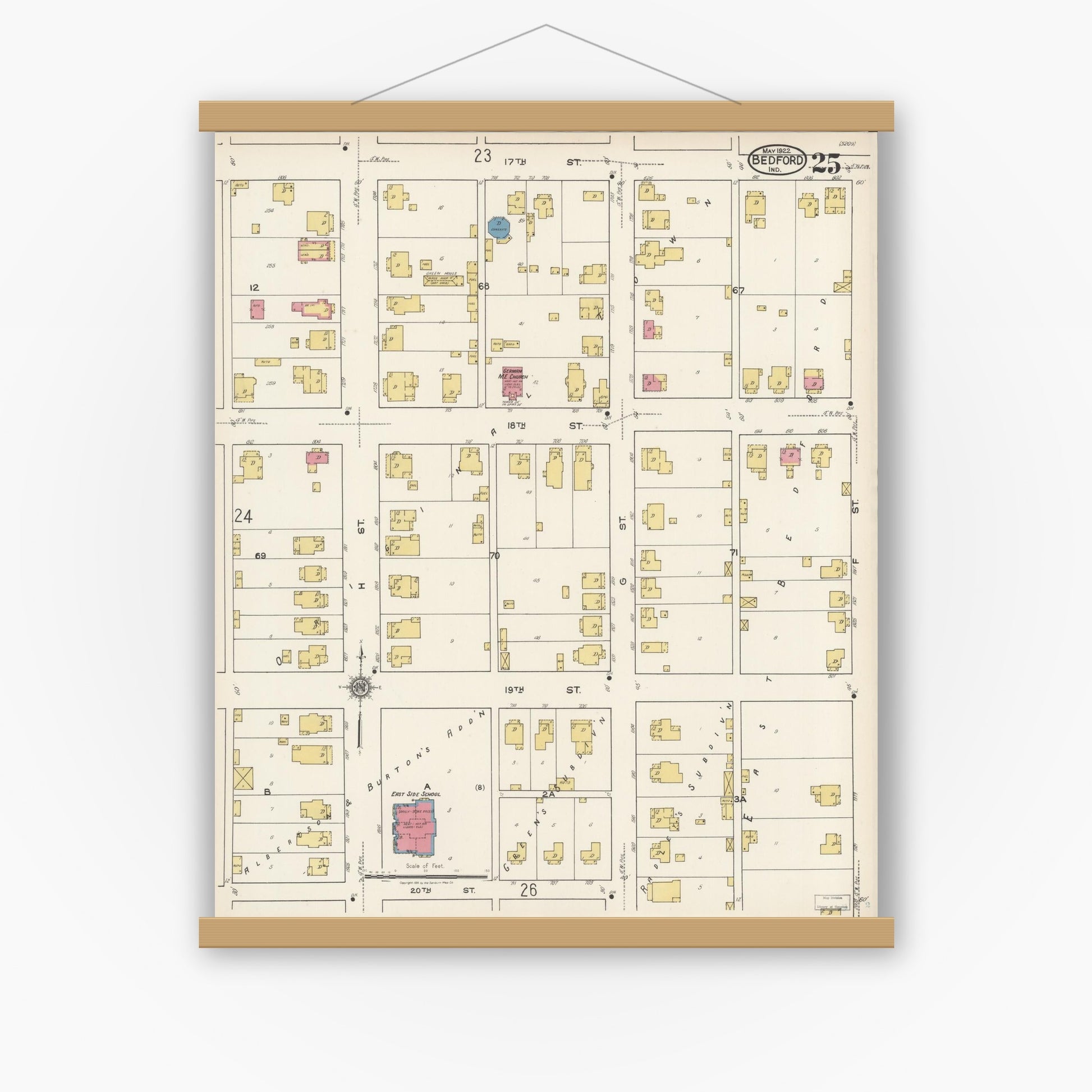 Old map wall art mockup — magnetic wood frame on white wall — Sanborn Fire Insurance Map from Bedford, Lawrence County, Indiana (1922), Sheet #0025