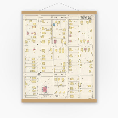 Old map wall art mockup — magnetic wood frame on white wall — Sanborn Fire Insurance Map from Bedford, Lawrence County, Indiana (1922), Sheet #0025