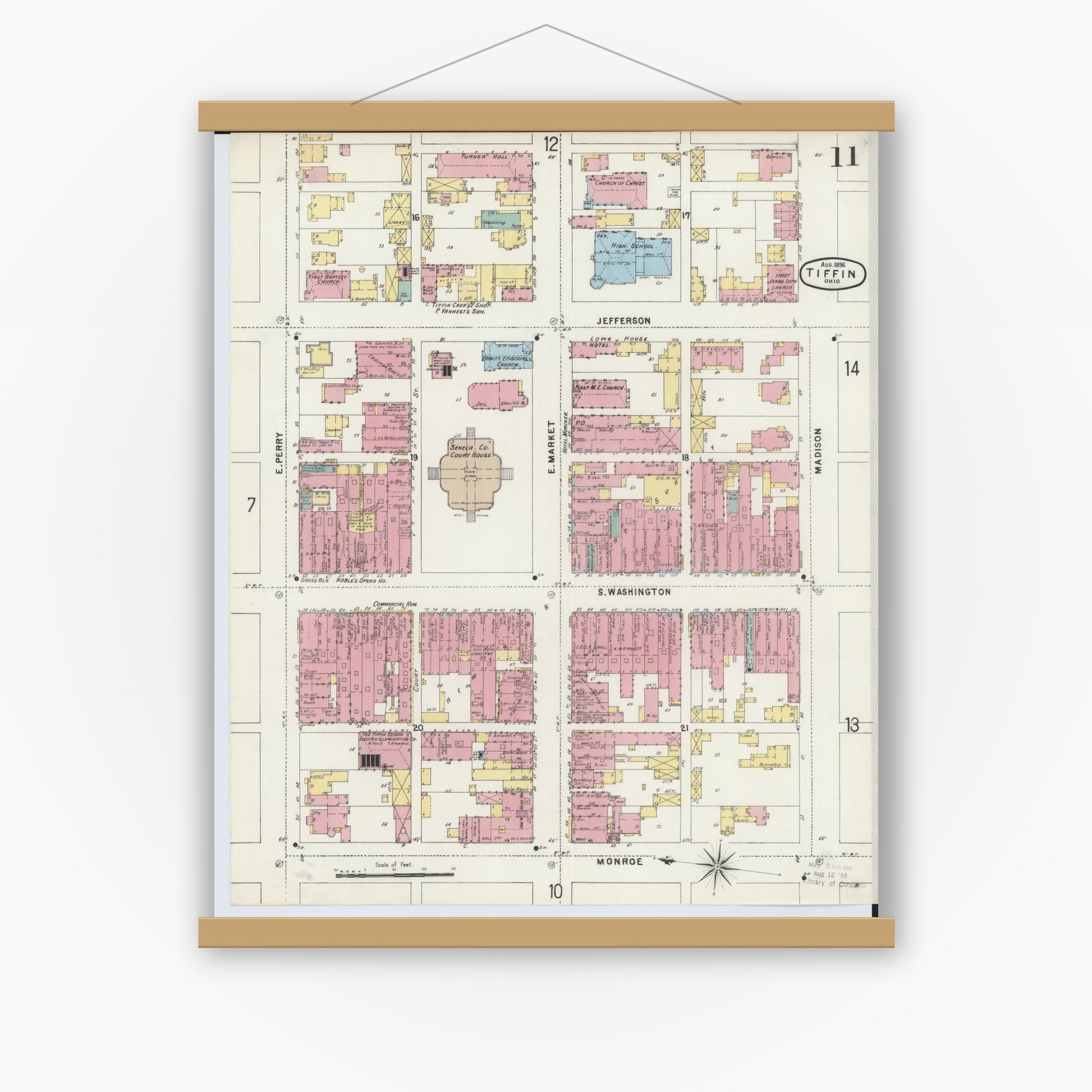 Old map wall art mockup — magnetic wood frame on white wall — Sanborn Fire Insurance Map from Tiffin, Seneca County, Ohio (1896), Sheet #0011