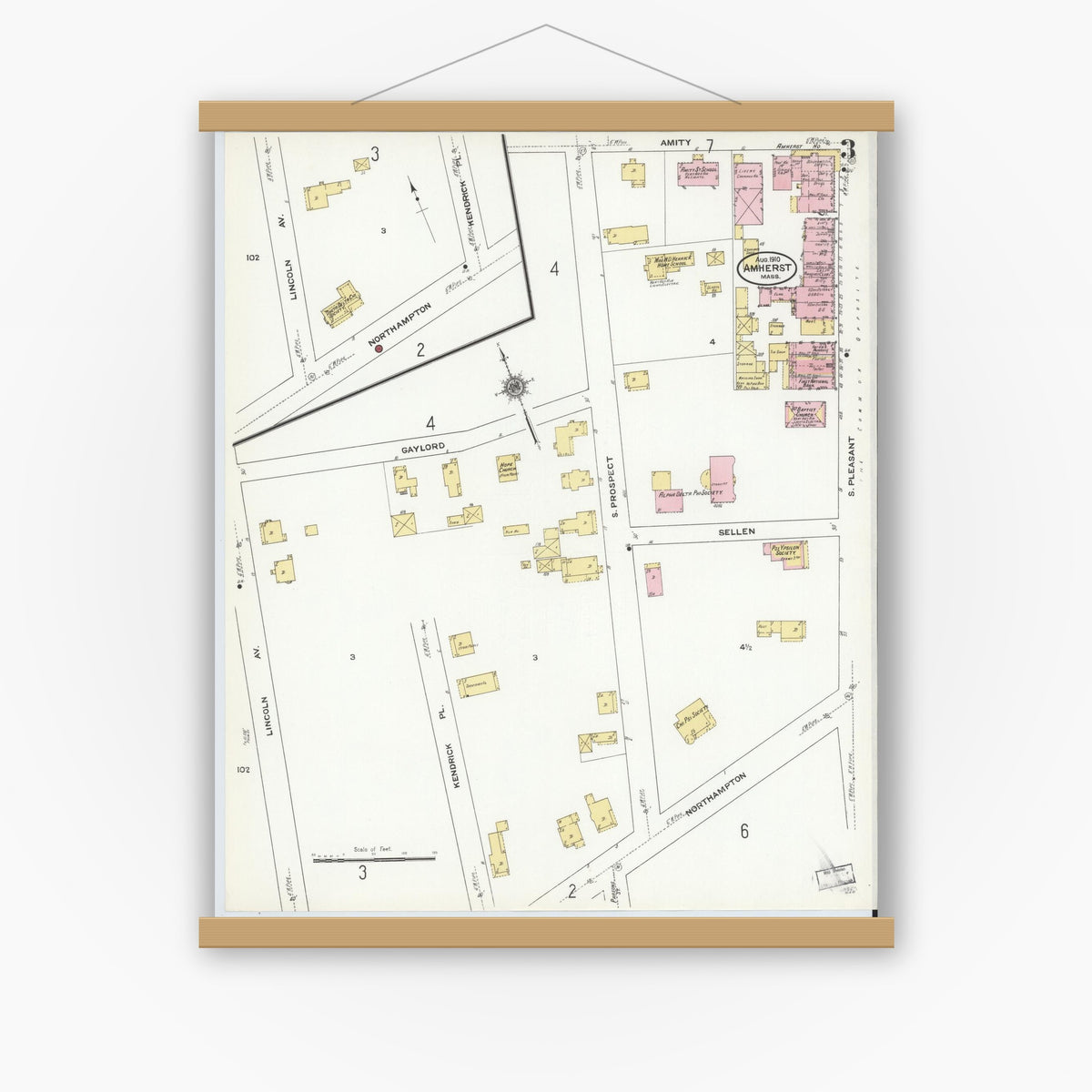 Old map wall art mockup — magnetic wood frame on white wall — Sanborn Fire Insurance Map from Amherst, Hampshire County, Massachusetts (1910), Sheet #0003