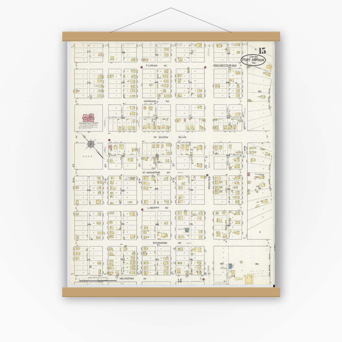 Old map wall art mockup — magnetic wood frame on white wall — Sanborn Fire Insurance Map from Port Arthur, Jefferson County, Texas (1915), Sheet #0015