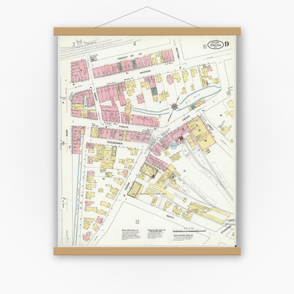 Old map wall art mockup — magnetic wood frame on white wall — Sanborn Fire Insurance Map from Oneida, Madison County, New York (1909), Sheet #0009