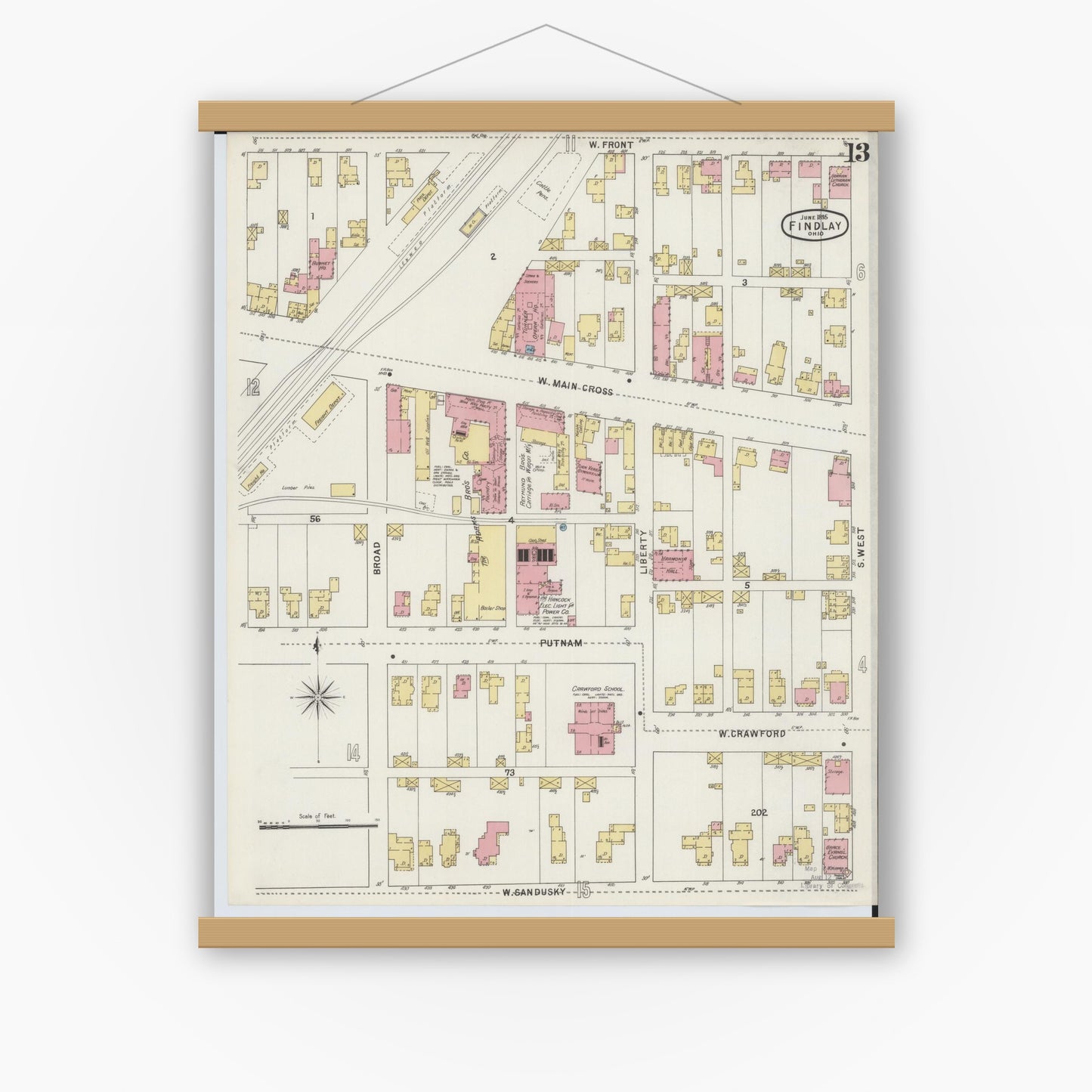 Old map wall art mockup — magnetic wood frame on white wall — Sanborn Fire Insurance Map from Findlay, Hancock County, Ohio (1895), Sheet #0013